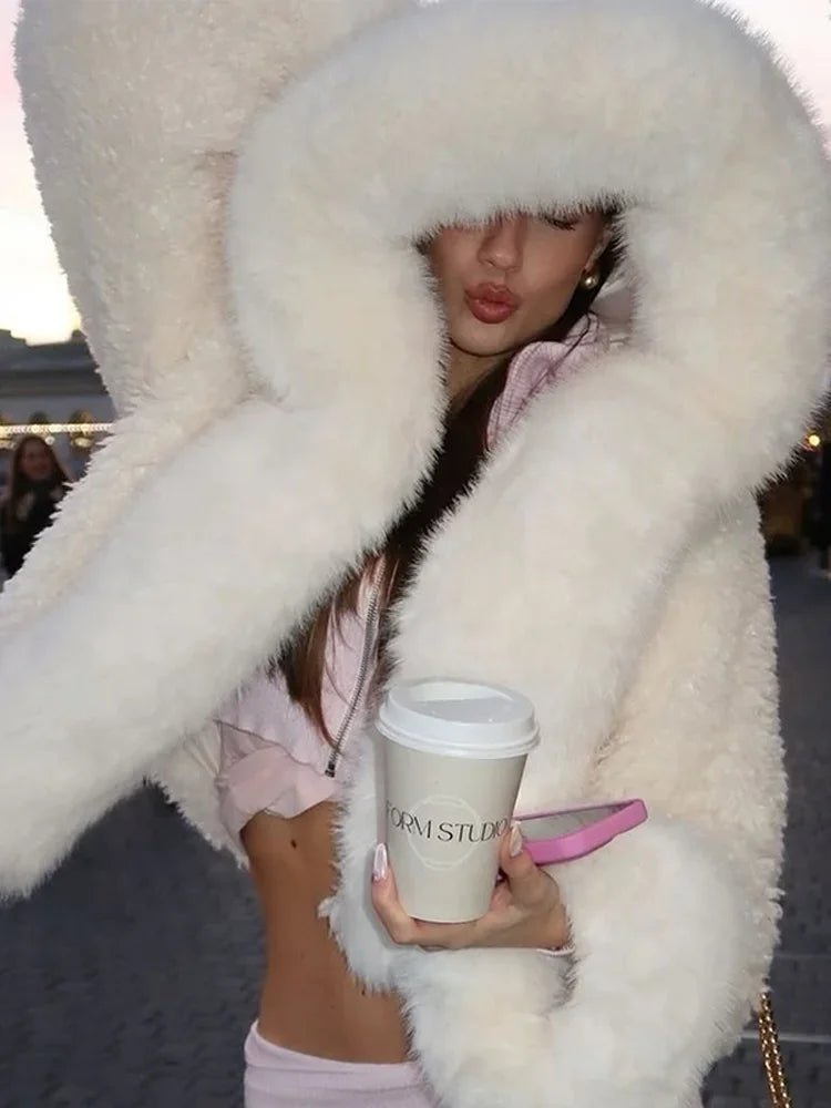Women's Hooded Faux Fur Jacket – Cropped Fluffy Winter Jacket