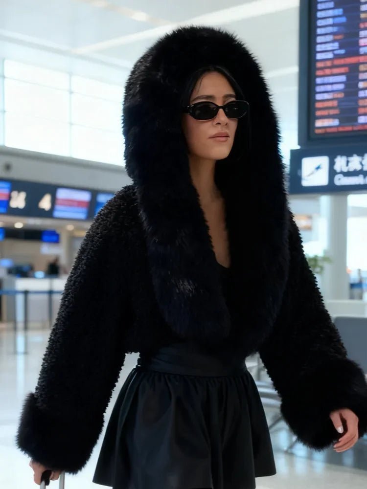 Women's Hooded Faux Fur Jacket – Cropped Fluffy Winter Jacket