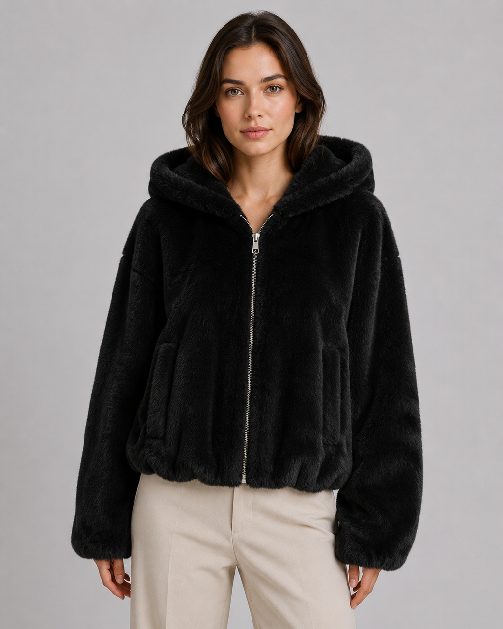 Women's Hooded Faux Fur Zip-Up Jacket