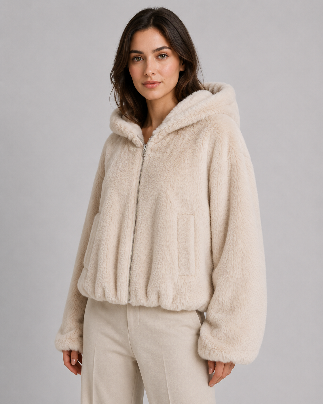Women's Hooded Faux Fur Zip-Up Jacket