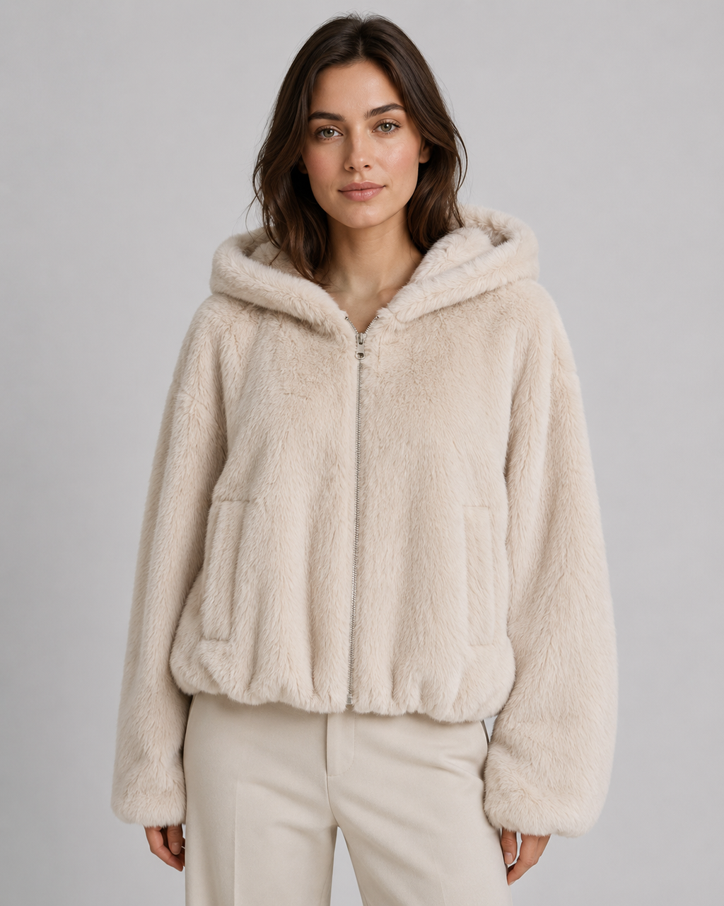 Women's Hooded Faux Fur Zip-Up Jacket