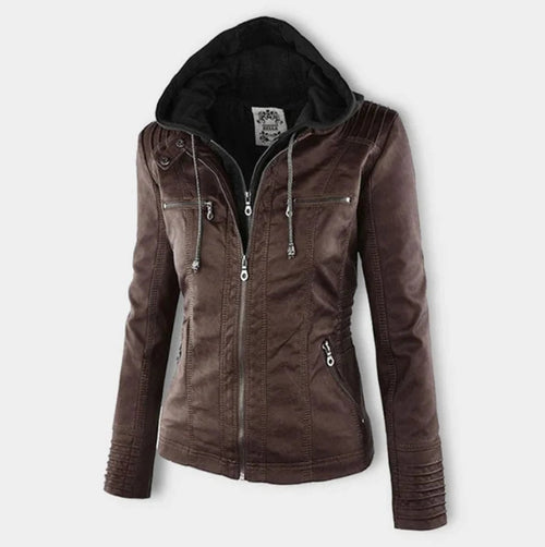 Kacob | Women's Hooded Faux Leather Biker Jacket – Fitted Zip Up Moto Jacket