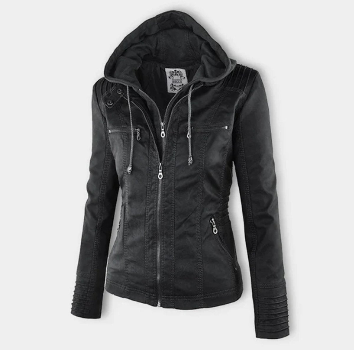 Kacob | Women's Hooded Faux Leather Biker Jacket – Fitted Zip Up Moto Jacket