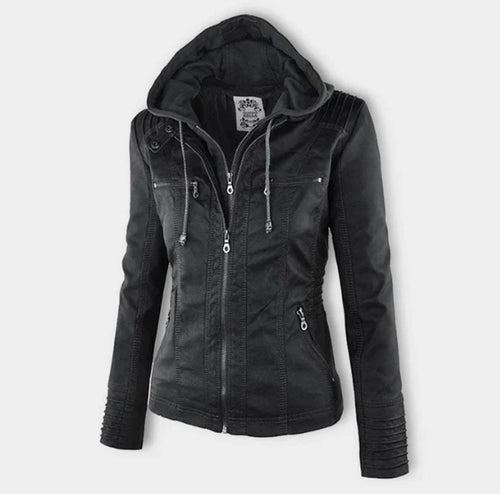Kacob | Women's Hooded Faux Leather Biker Jacket – Fitted Zip Up Moto Jacket
