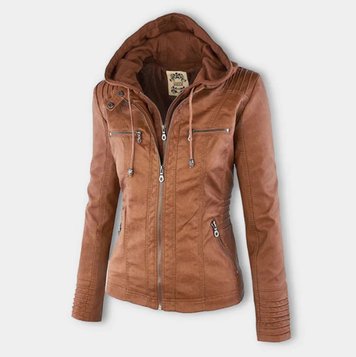 Kacob | Women's Hooded Faux Leather Biker Jacket – Fitted Zip Up Moto Jacket