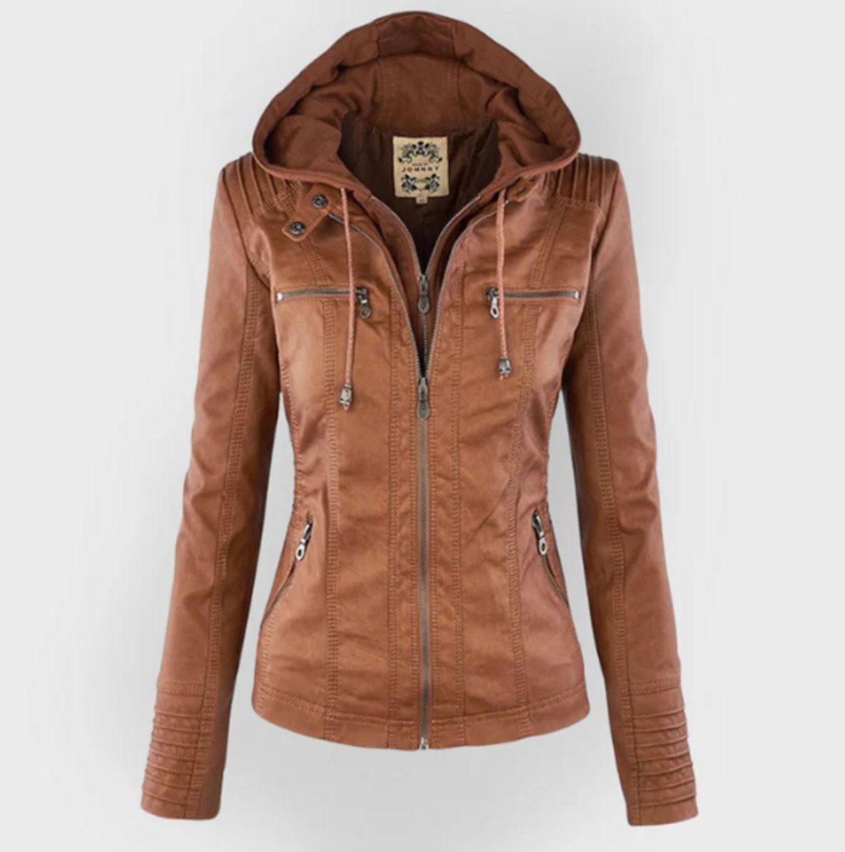 Kacob | Women's Hooded Faux Leather Biker Jacket – Fitted Zip Up Moto Jacket