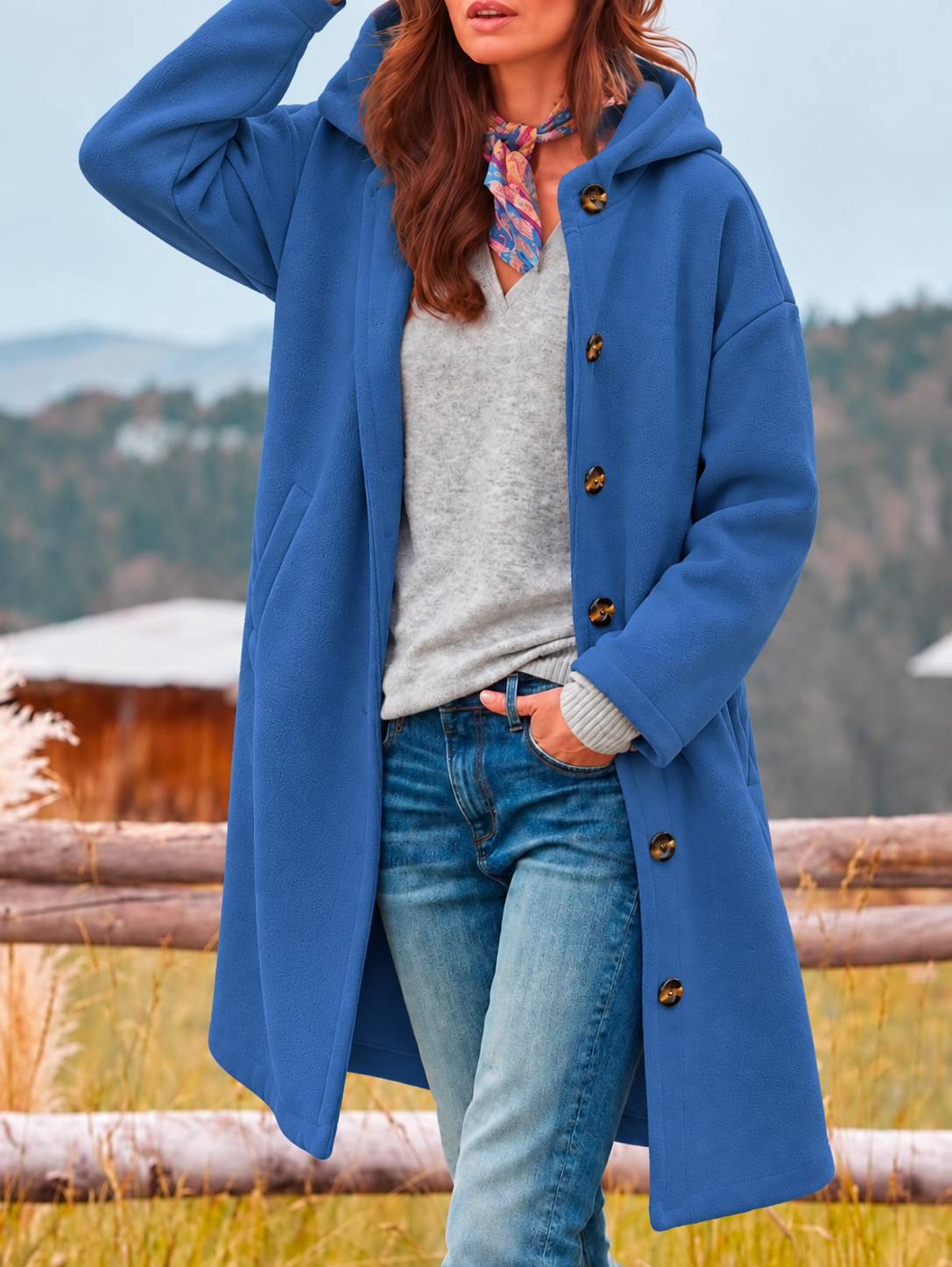Kacob | Women's Hooded Longline Coat – Single Breasted Button Winter Coat
