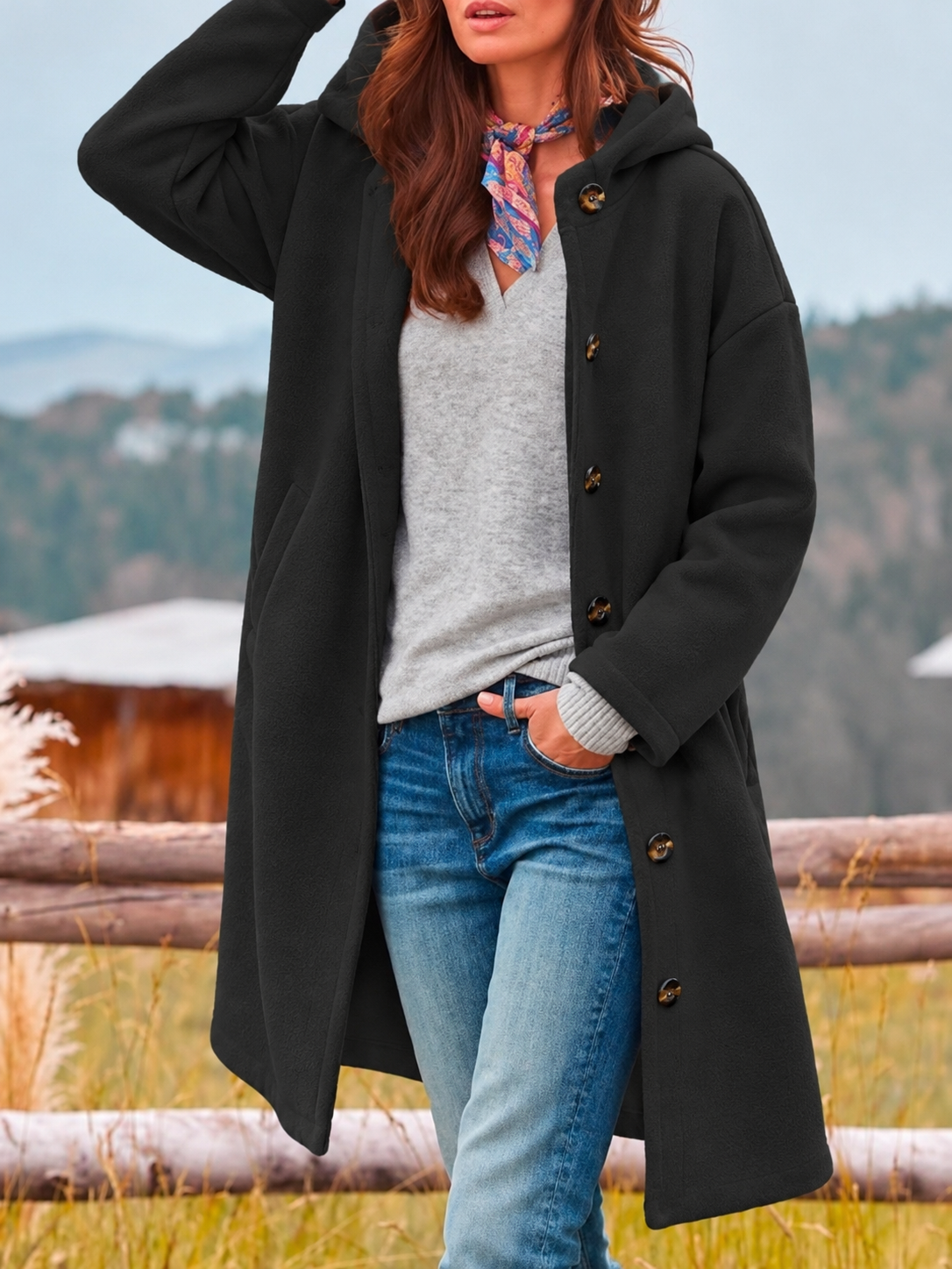 Kacob | Women's Hooded Longline Coat – Single Breasted Button Winter Coat