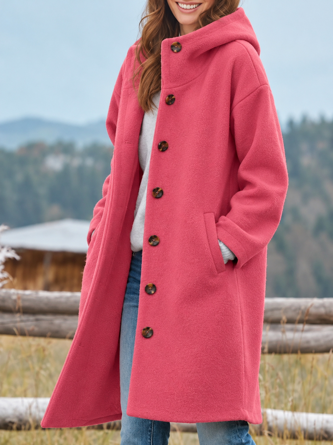 Kacob | Women's Hooded Longline Coat – Single Breasted Button Winter Coat