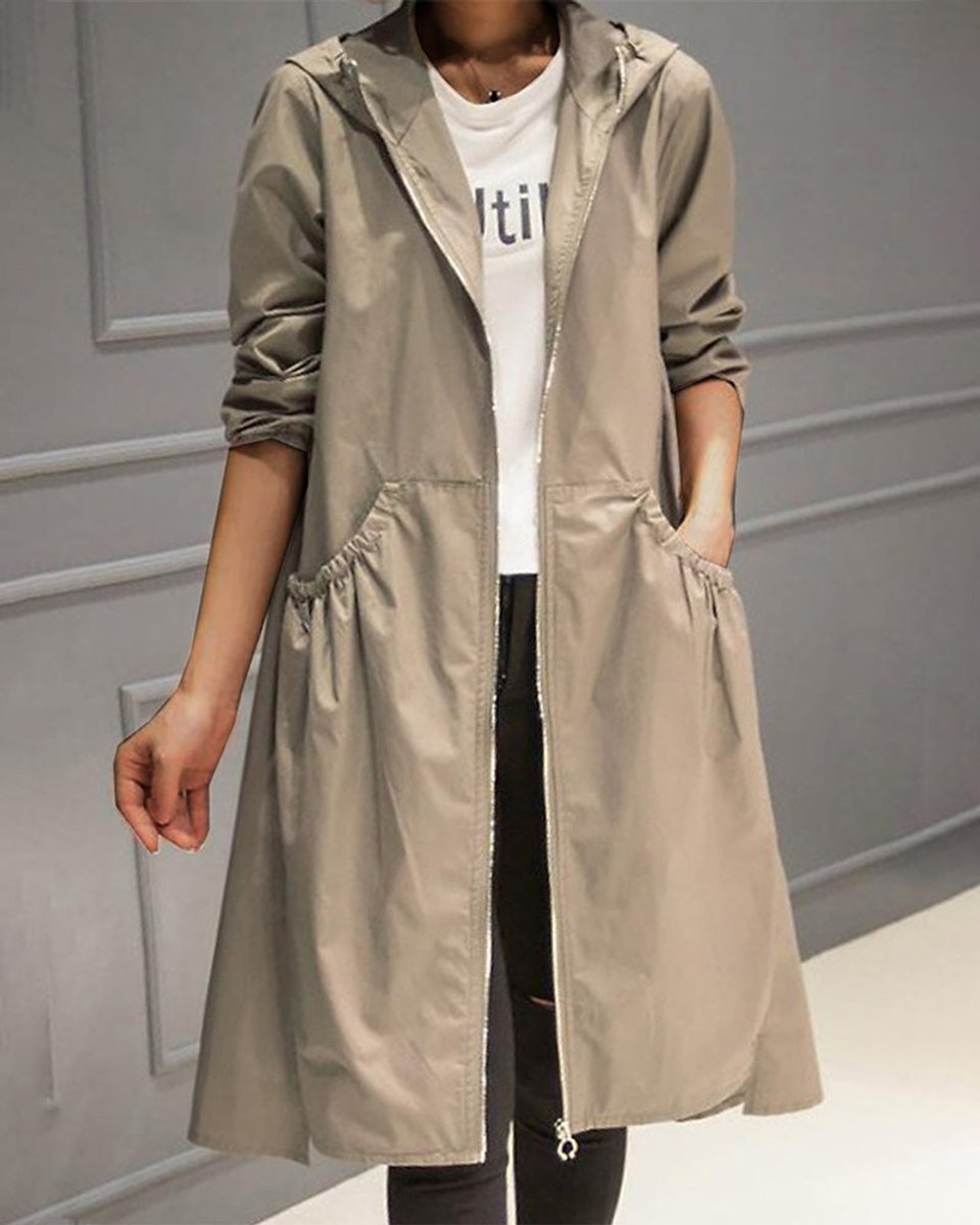 Women's Hooded Longline Trench Coat – Zip Front Gathered Waist Rain Mac