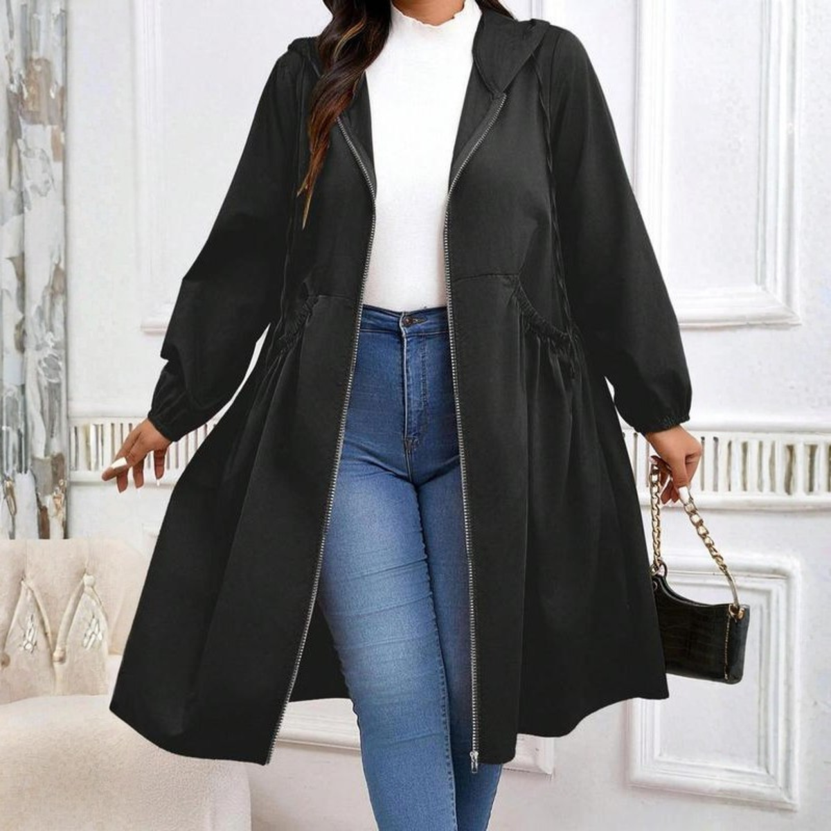Kacob | Women's Hooded Midi Coat – Ruched Waist Flared Zip Up Coat
