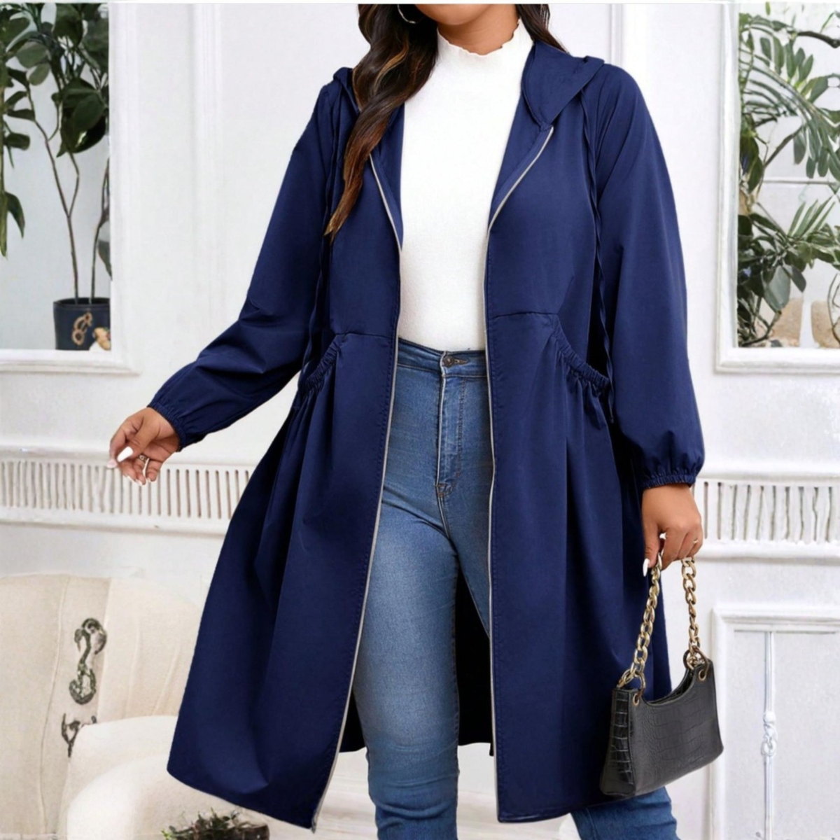 Kacob | Women's Hooded Midi Coat – Ruched Waist Flared Zip Up Coat