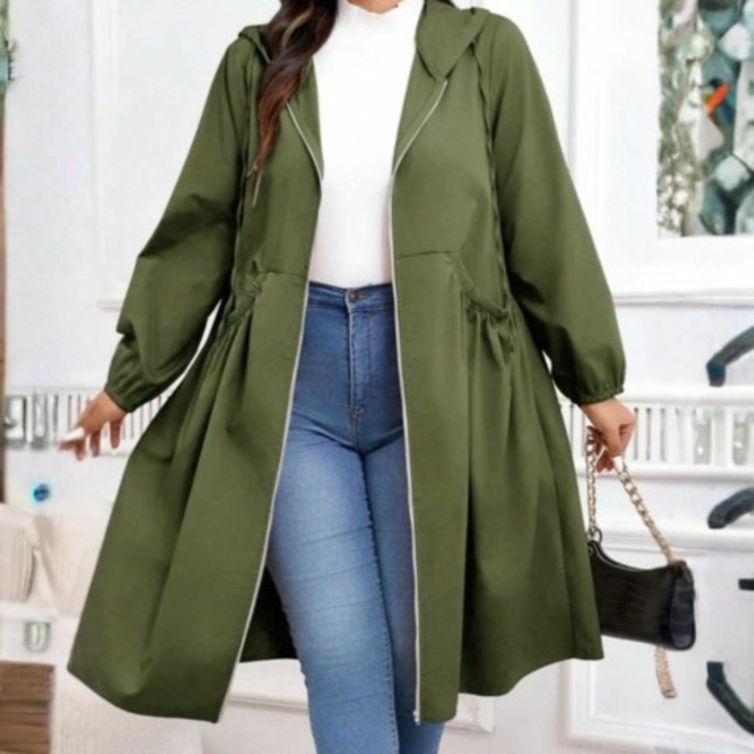 Kacob | Women's Hooded Midi Coat – Ruched Waist Flared Zip Up Coat