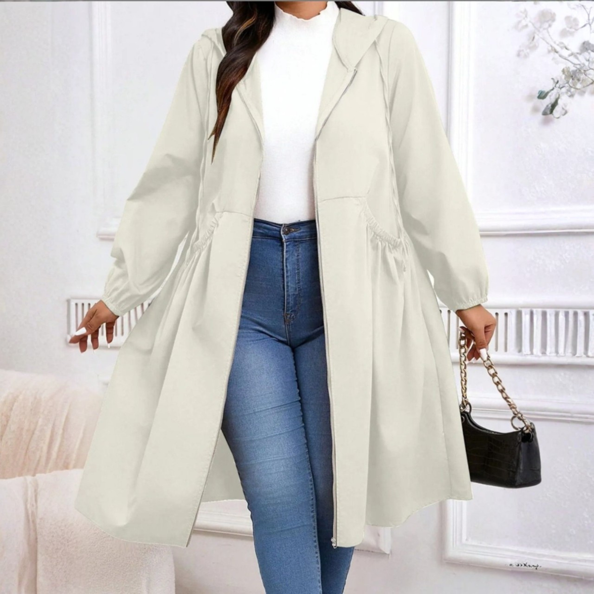 Kacob | Women's Hooded Midi Coat – Ruched Waist Flared Zip Up Coat