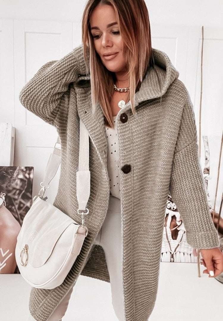 Women's Hooded Oversized Long Chunky Knit Cardigan – Button Front Knee Length Coatigan