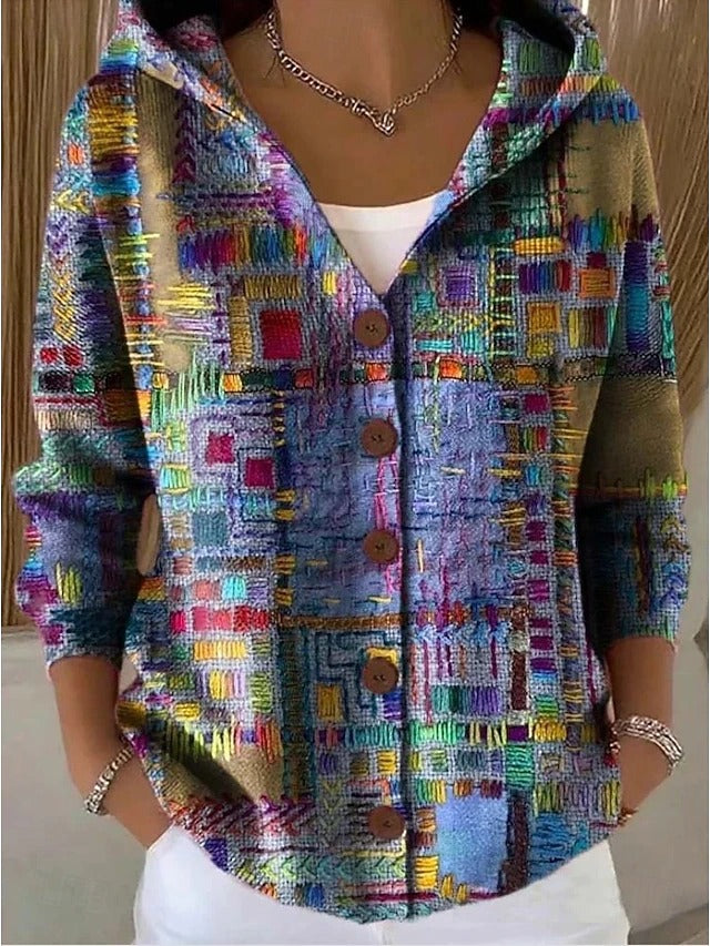 Women's Hooded Print Button Cardigan – Graphic Pattern Knit with Curved Hem