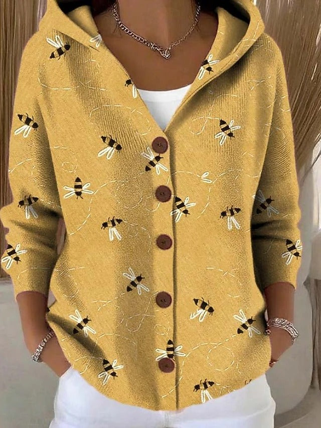 Women's Hooded Print Button Cardigan – Graphic Pattern Knit with Curved Hem