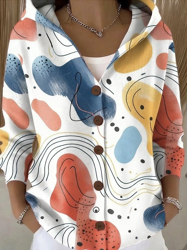 Women's Hooded Print Button Cardigan – Graphic Pattern Knit with Curved Hem