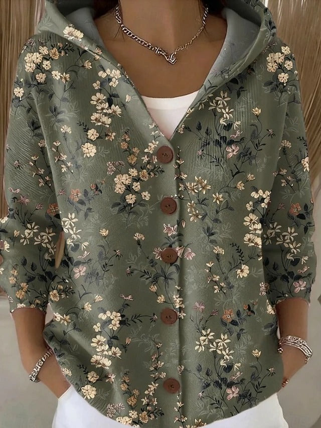 Women's Hooded Print Button Cardigan – Graphic Pattern Knit with Curved Hem