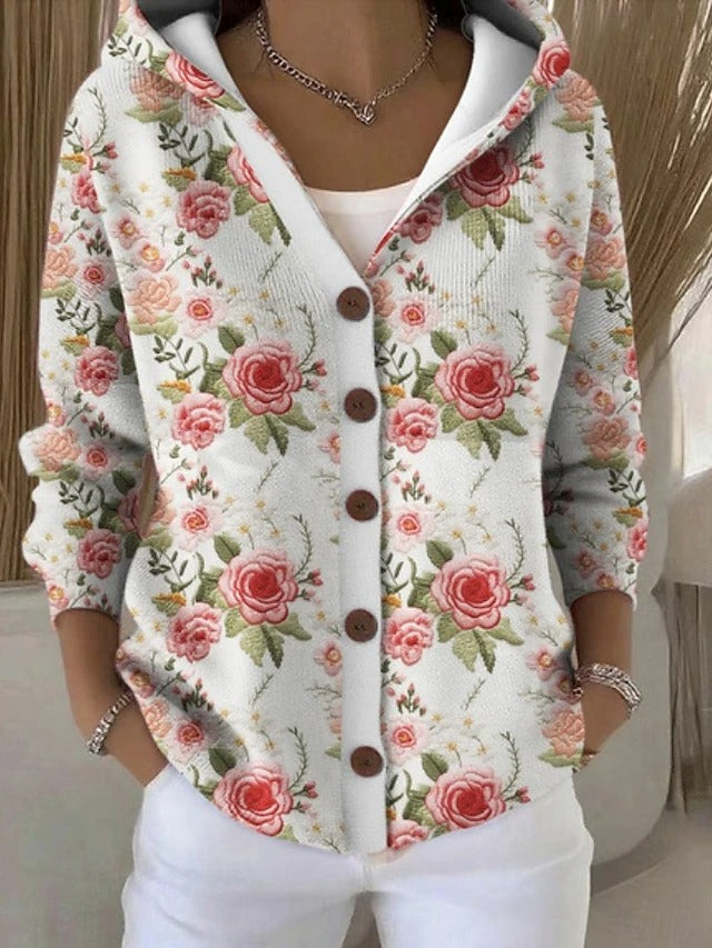 Women's Hooded Print Button Cardigan – Graphic Pattern Knit with Curved Hem