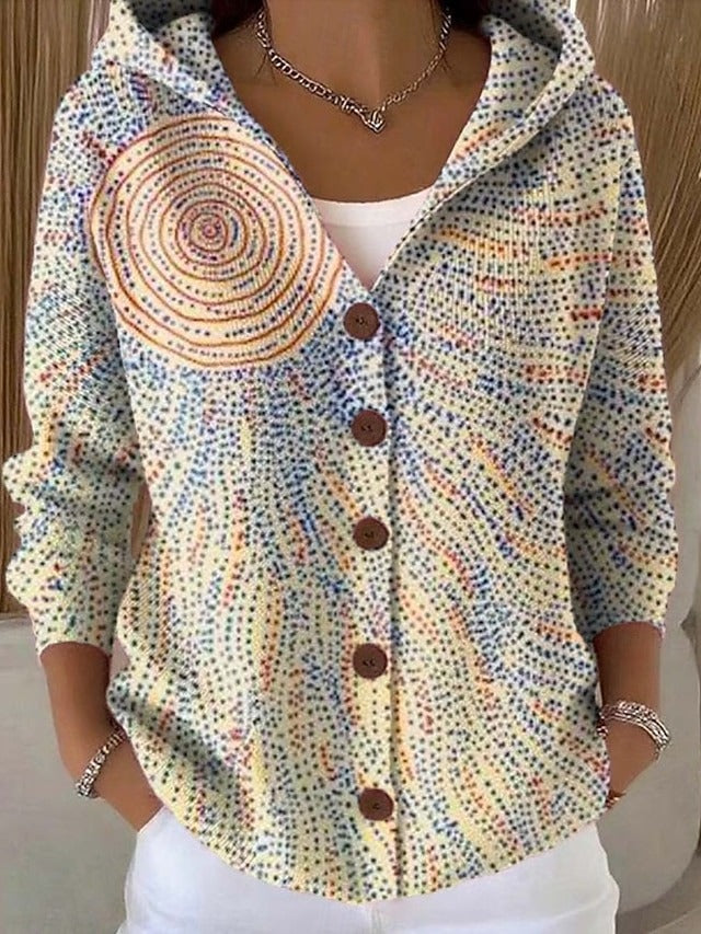 Women's Hooded Print Button Cardigan – Graphic Pattern Knit with Curved Hem