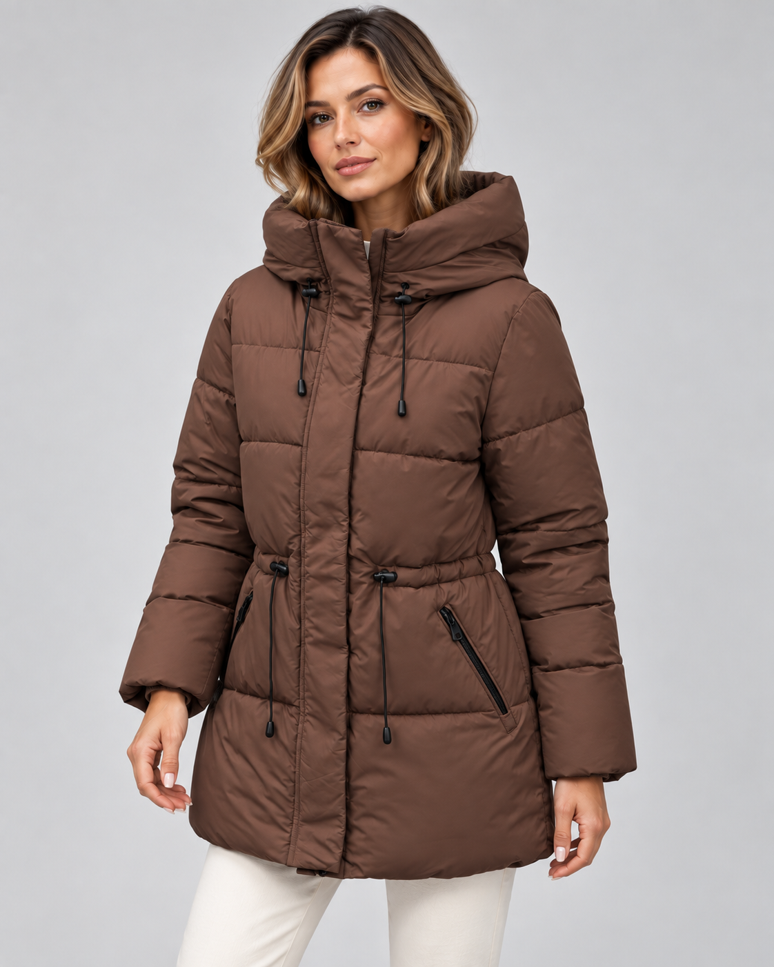 Women's Hooded Puffer Coat – Drawstring Waist Quilted Winter Coat with Zip Pockets