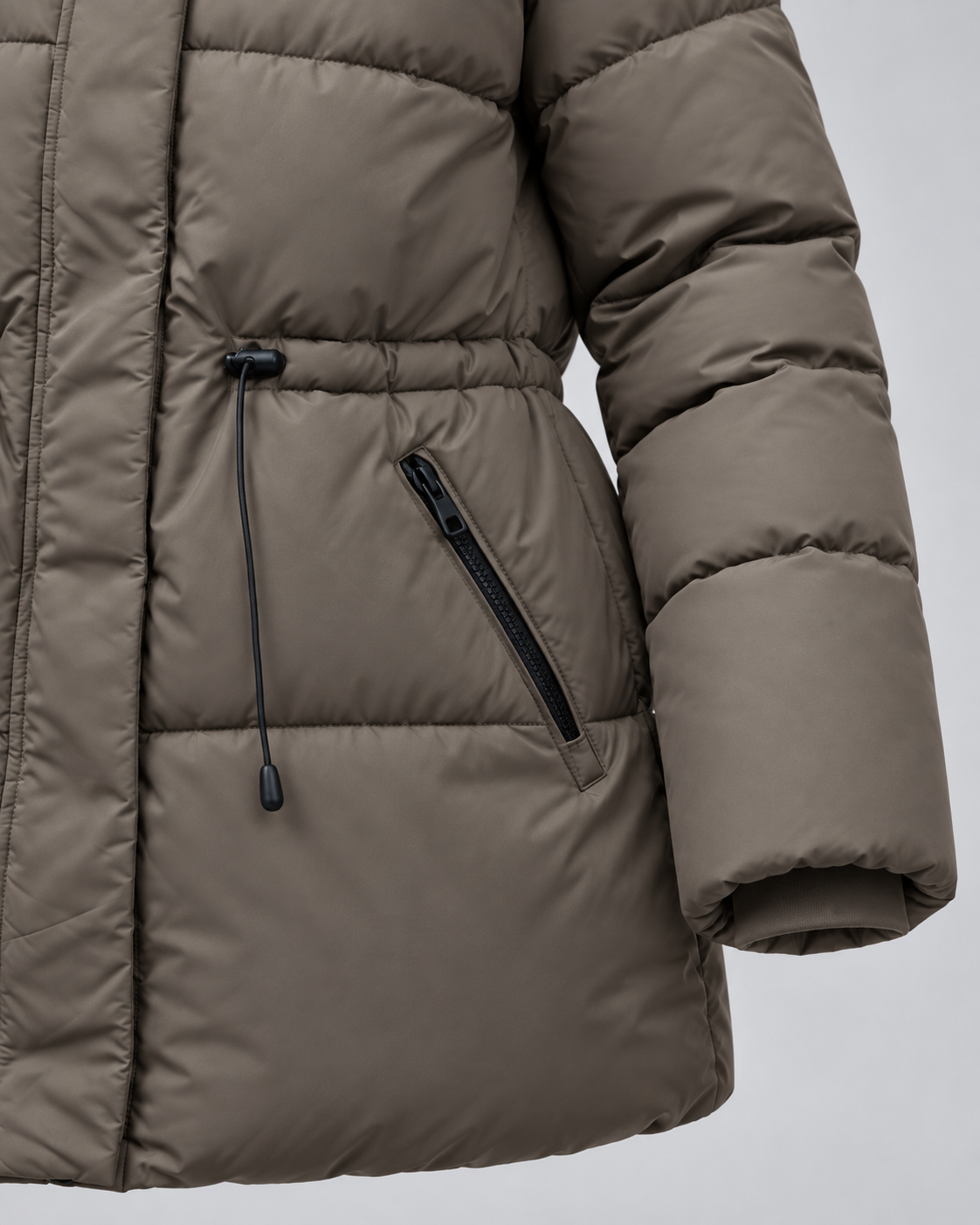 Women's Hooded Puffer Coat – Drawstring Waist Quilted Winter Coat with Zip Pockets