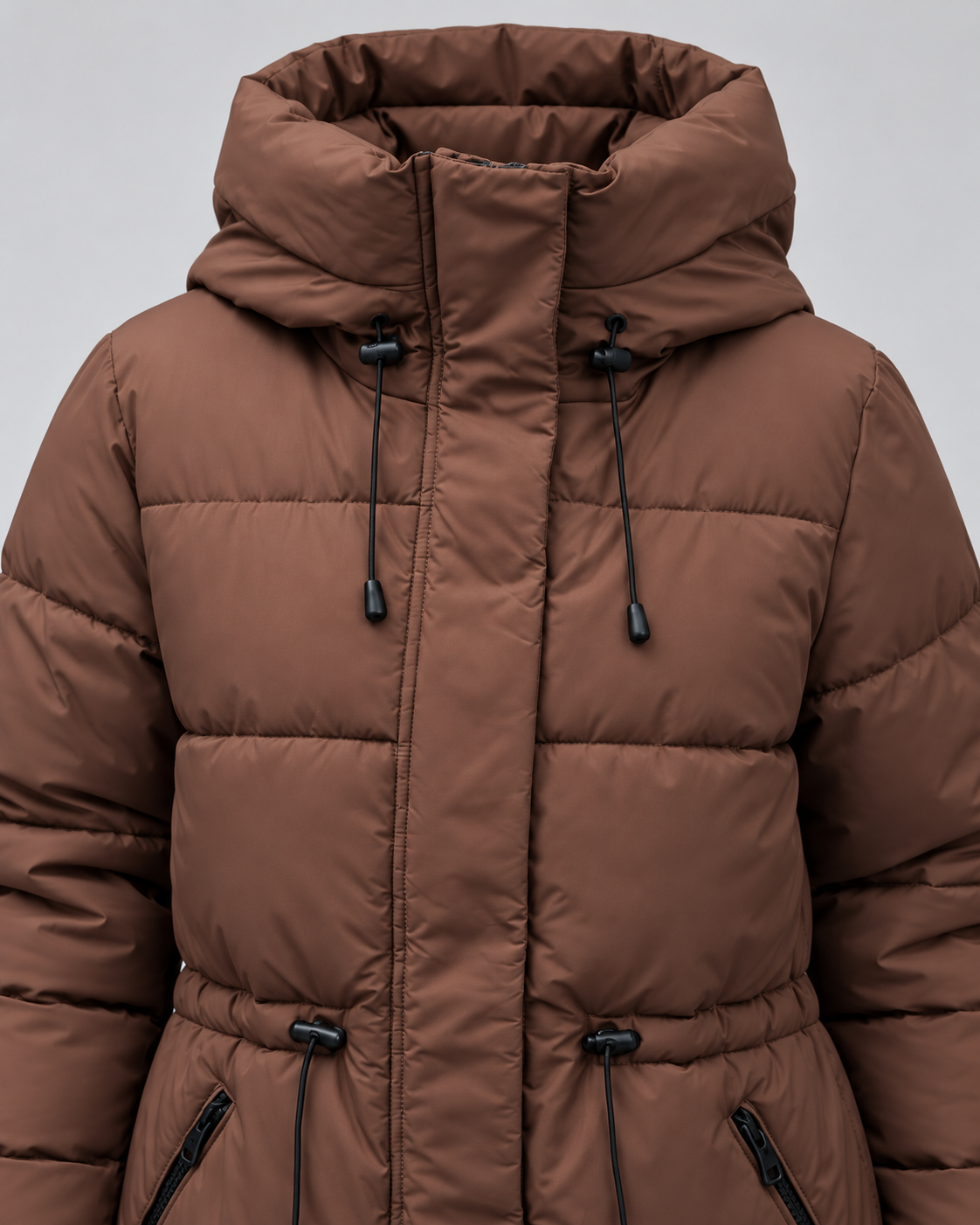 Women's Hooded Puffer Coat – Drawstring Waist Quilted Winter Coat with Zip Pockets