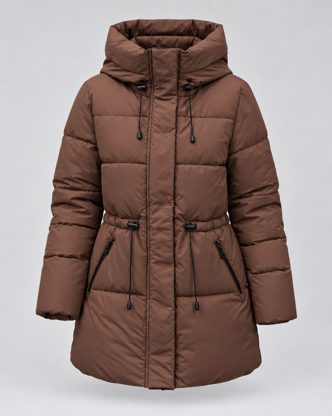 Women's Hooded Puffer Coat – Drawstring Waist Quilted Winter Coat with Zip Pockets