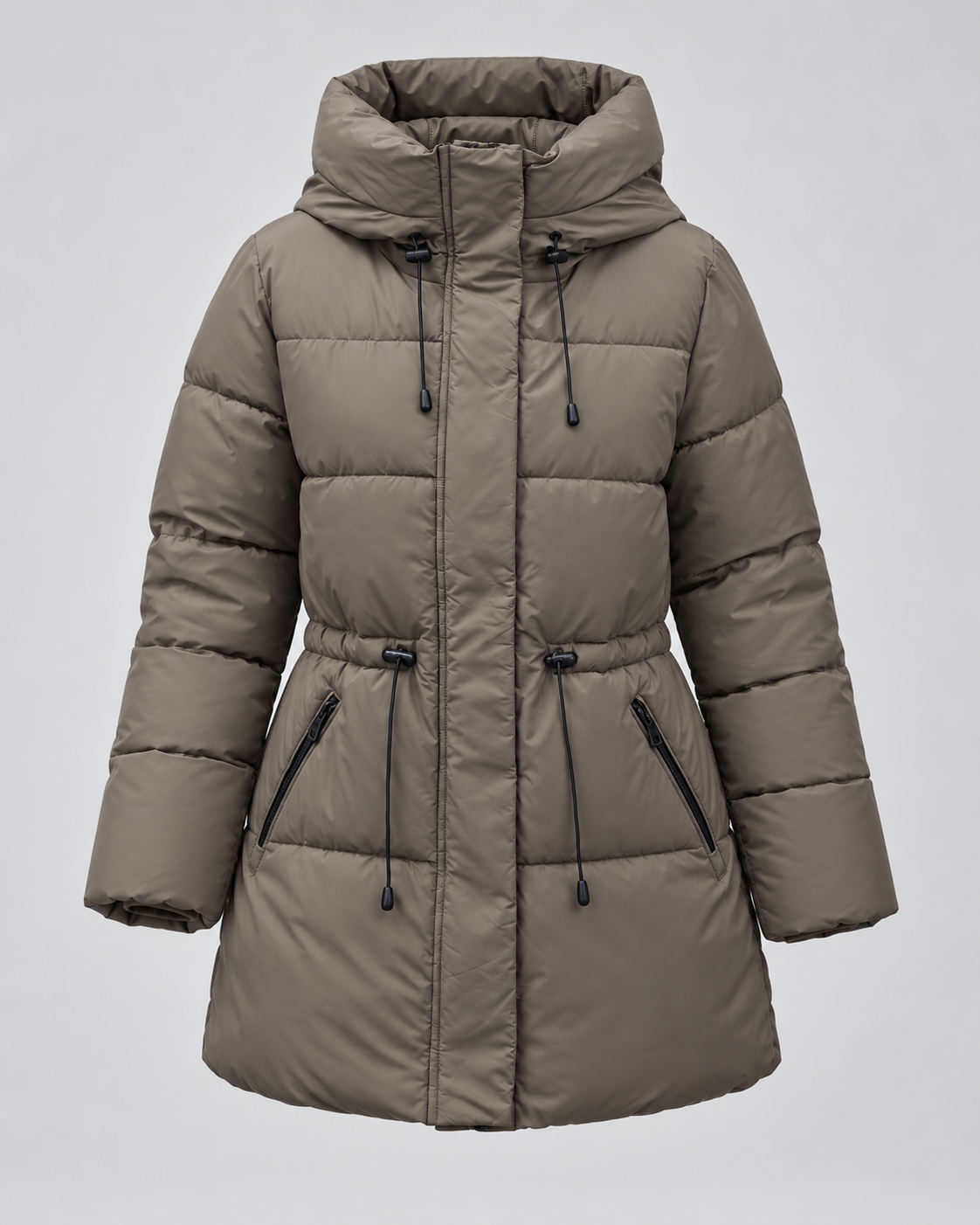 Women's Hooded Puffer Coat – Drawstring Waist Quilted Winter Coat with Zip Pockets