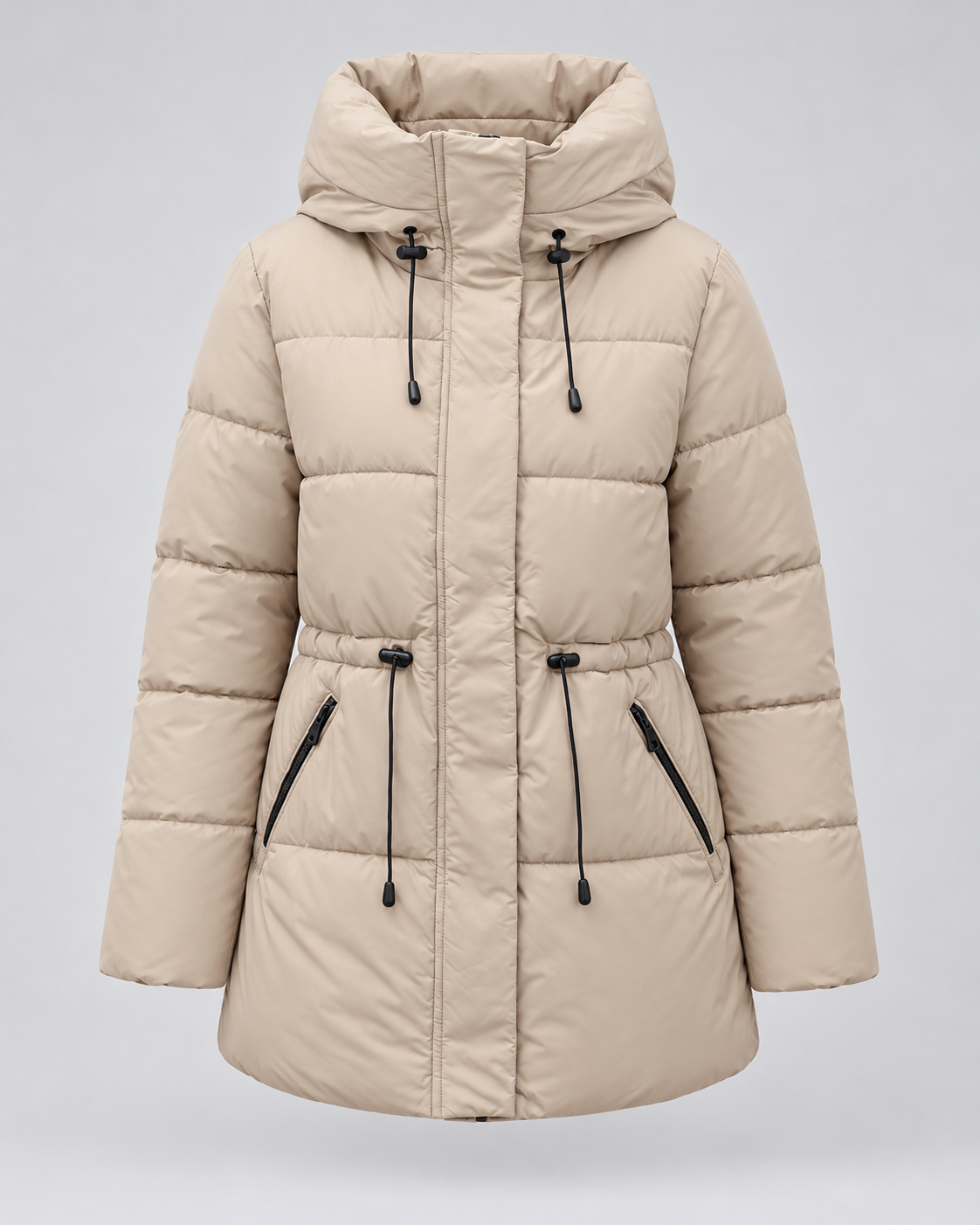 Women's Hooded Puffer Coat – Drawstring Waist Quilted Winter Coat with Zip Pockets