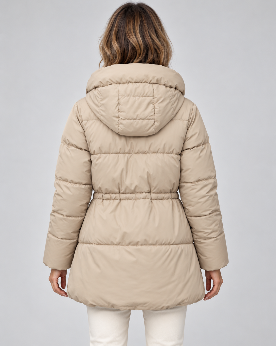 Women's Hooded Puffer Coat – Drawstring Waist Quilted Winter Coat with Zip Pockets