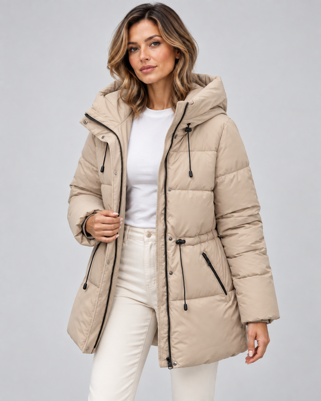 Women's Hooded Puffer Coat – Drawstring Waist Quilted Winter Coat with Zip Pockets