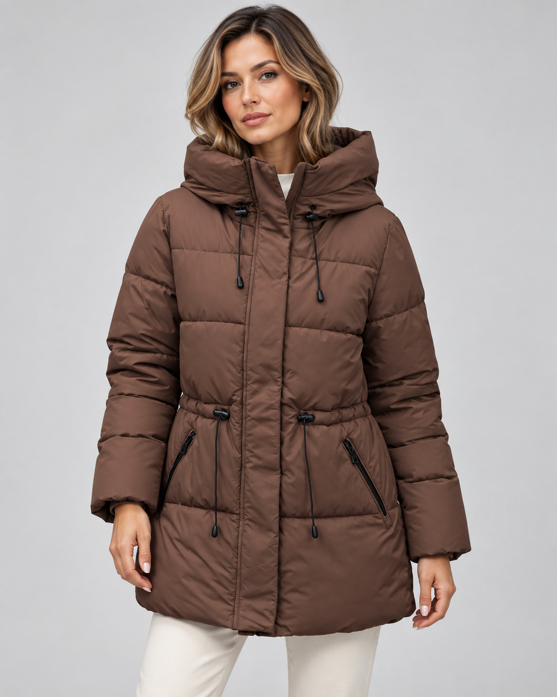 Women's Hooded Puffer Coat – Drawstring Waist Quilted Winter Coat with Zip Pockets