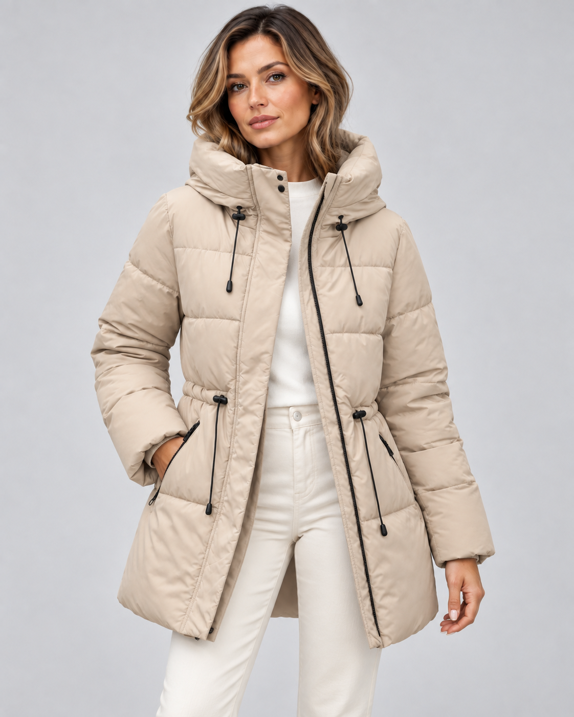 Women's Hooded Puffer Coat – Drawstring Waist Quilted Winter Coat with Zip Pockets