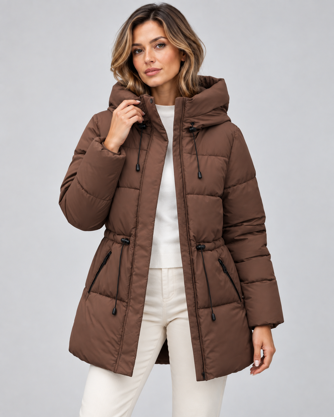 Women's Hooded Puffer Coat – Drawstring Waist Quilted Winter Coat with Zip Pockets