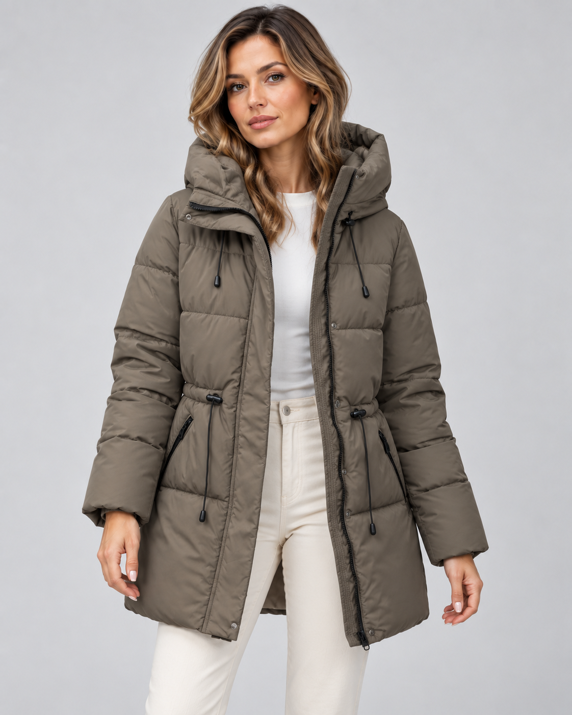Women's Hooded Puffer Coat – Drawstring Waist Quilted Winter Coat with Zip Pockets