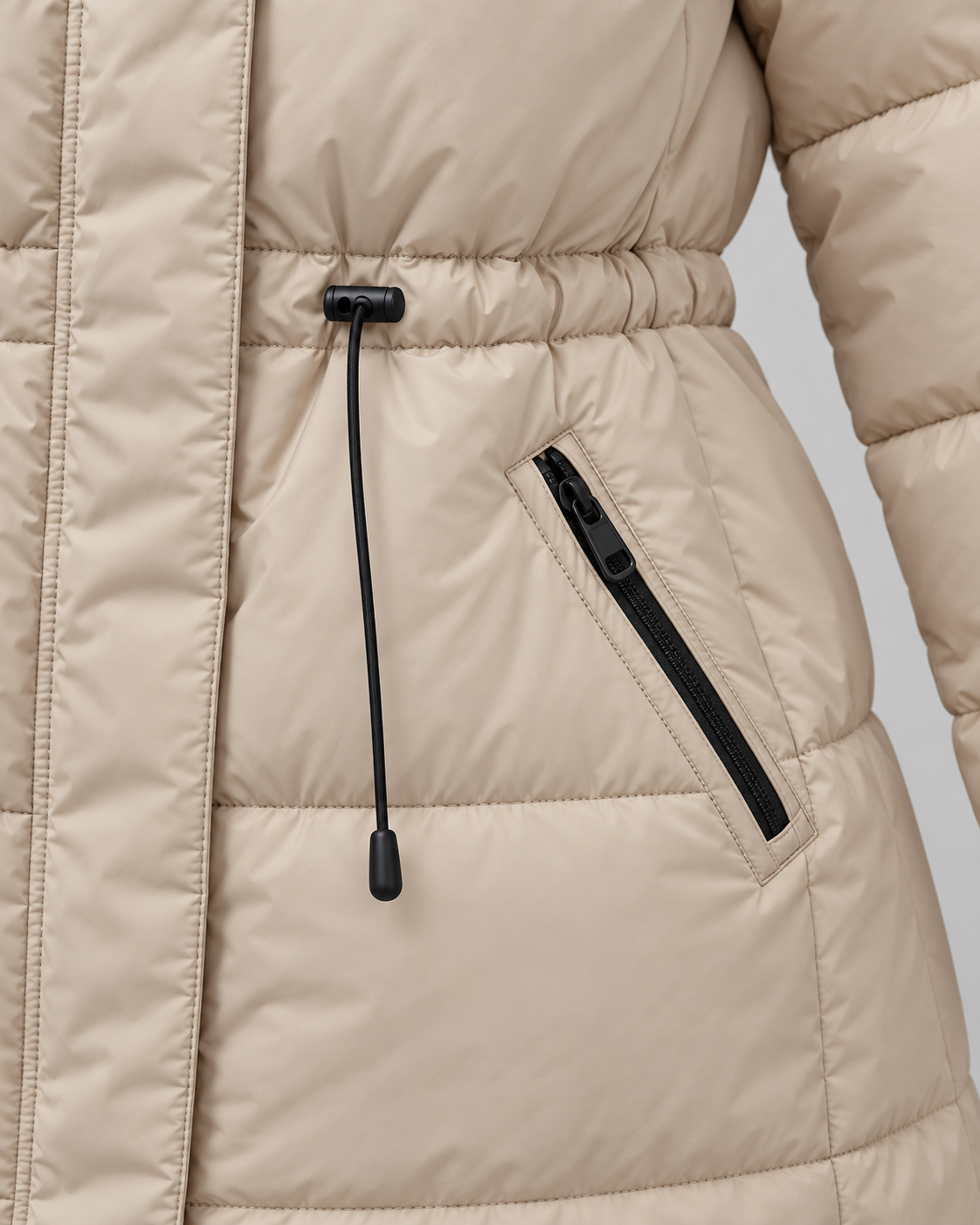 Women's Hooded Puffer Coat – Drawstring Waist Quilted Winter Coat with Zip Pockets