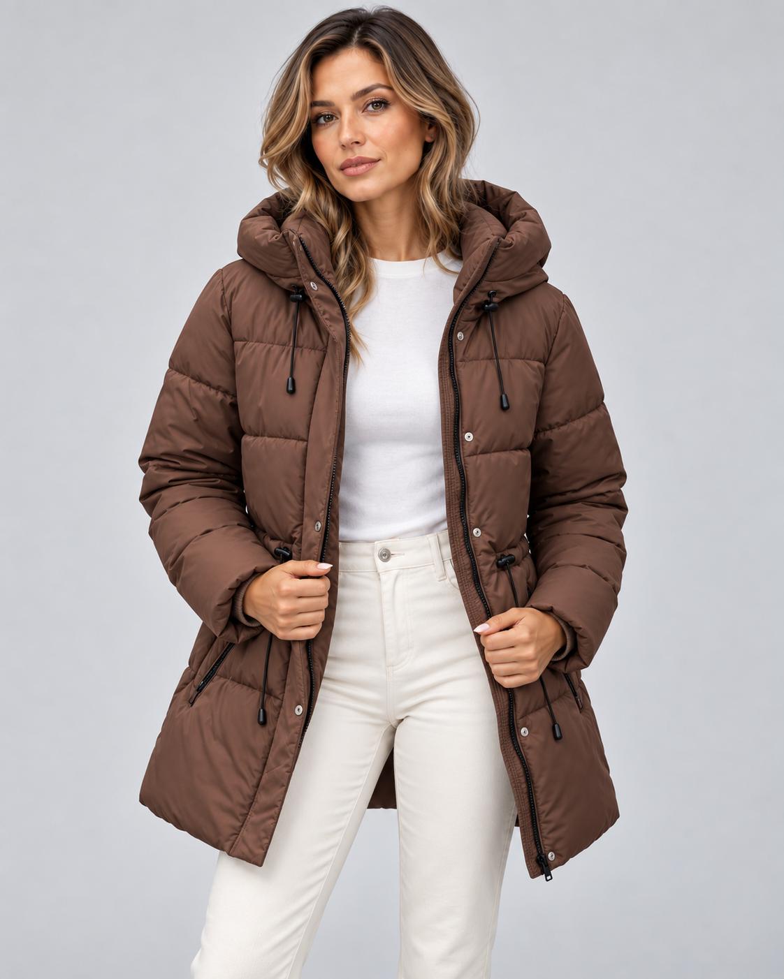 Women's Hooded Puffer Coat – Drawstring Waist Quilted Winter Coat with Zip Pockets