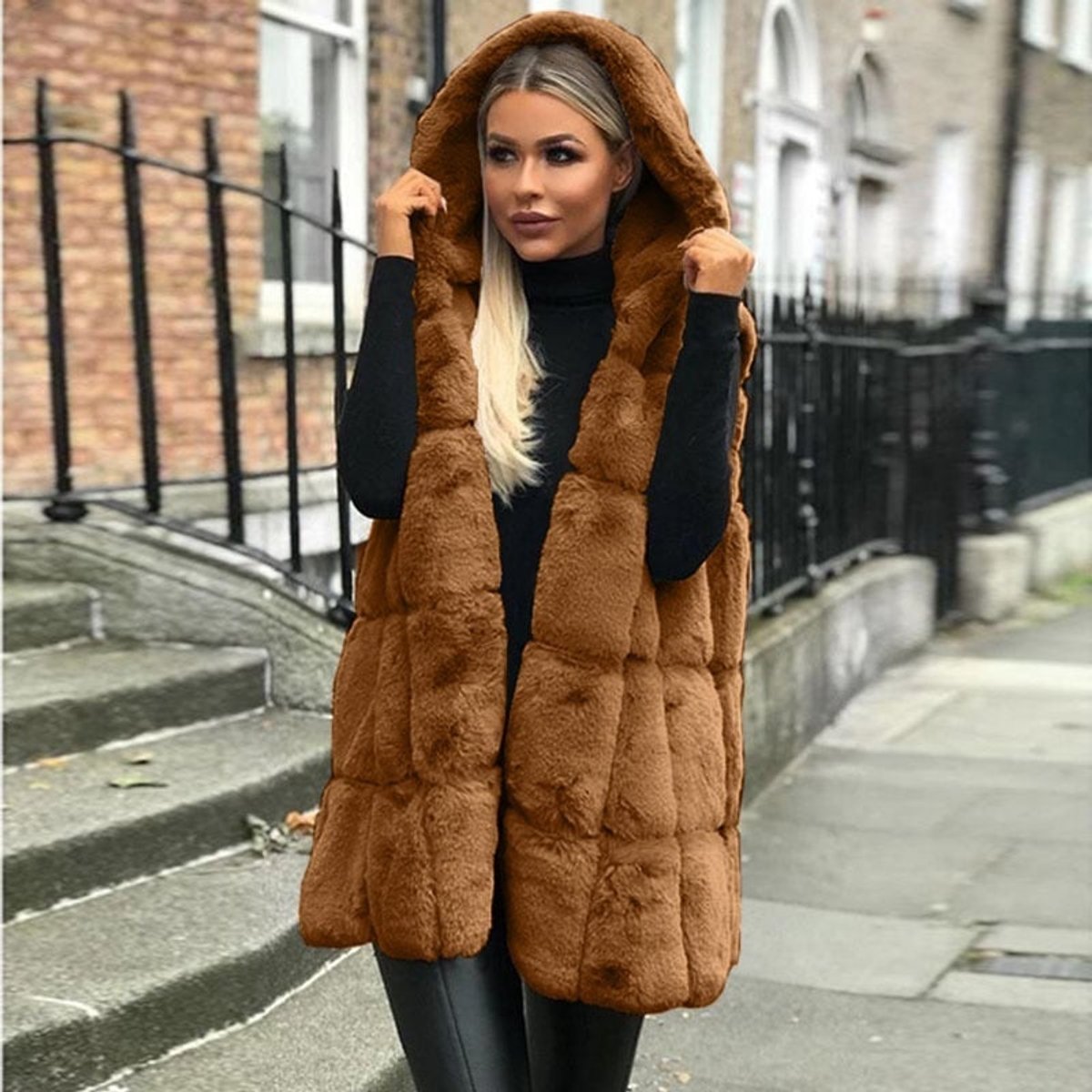 Kacob | Women's Hooded Quilted Faux Fur Gilet – Longline Sleeveless Gilet