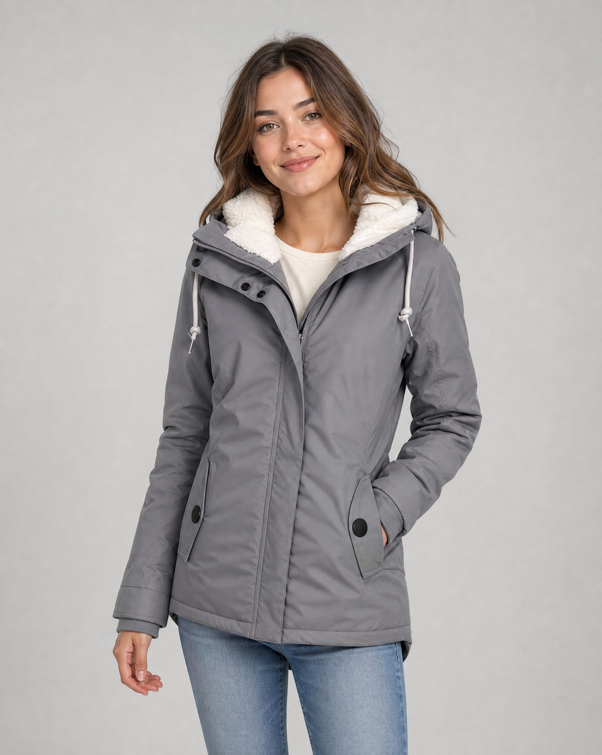 Women's Hooded Rain Jacket with Sherpa Fleece Lined Hood – Zip Front Short Winter Jacket