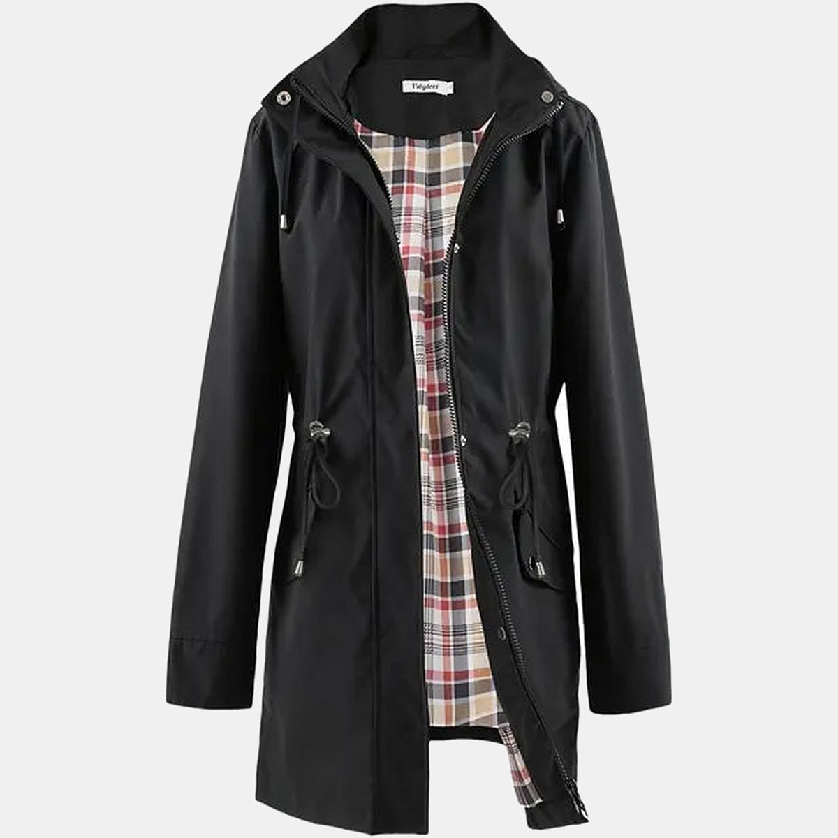 Kacob | Women's Hooded Rain Mac – Long Check Lined Raincoat with Drawstring