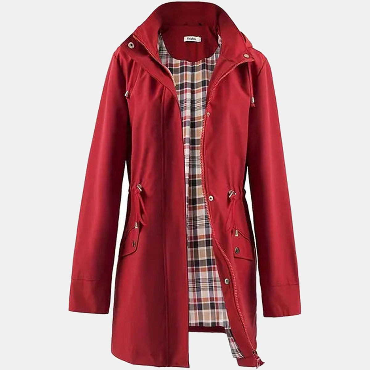 Kacob | Women's Hooded Rain Mac – Long Check Lined Raincoat with Drawstring