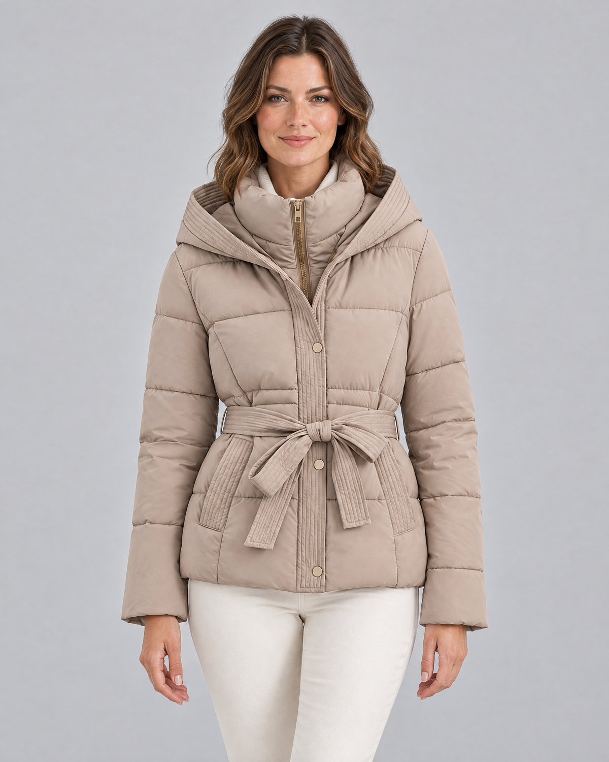 Kacob | Women's Hooded Tie Belt Puffer Jacket – Hip Length Quilted Winter Coat