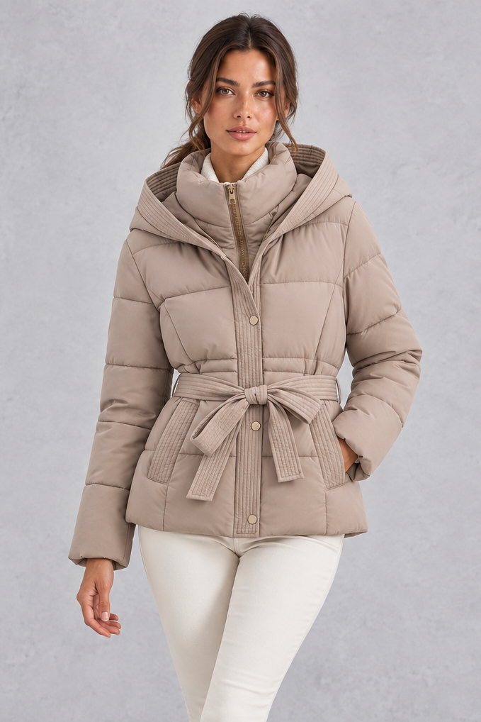 Kacob | Women's Hooded Tie Belt Puffer Jacket – Hip Length Quilted Winter Coat