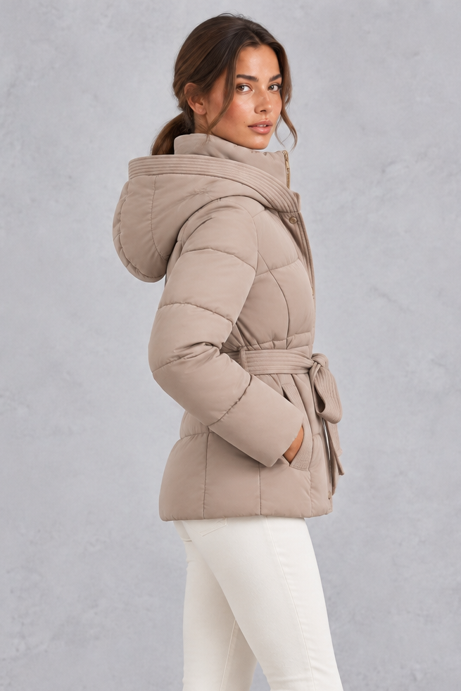 Kacob | Women's Hooded Tie Belt Puffer Jacket – Hip Length Quilted Winter Coat