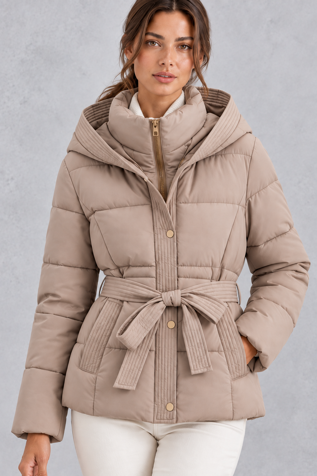 Kacob | Women's Hooded Tie Belt Puffer Jacket – Hip Length Quilted Winter Coat