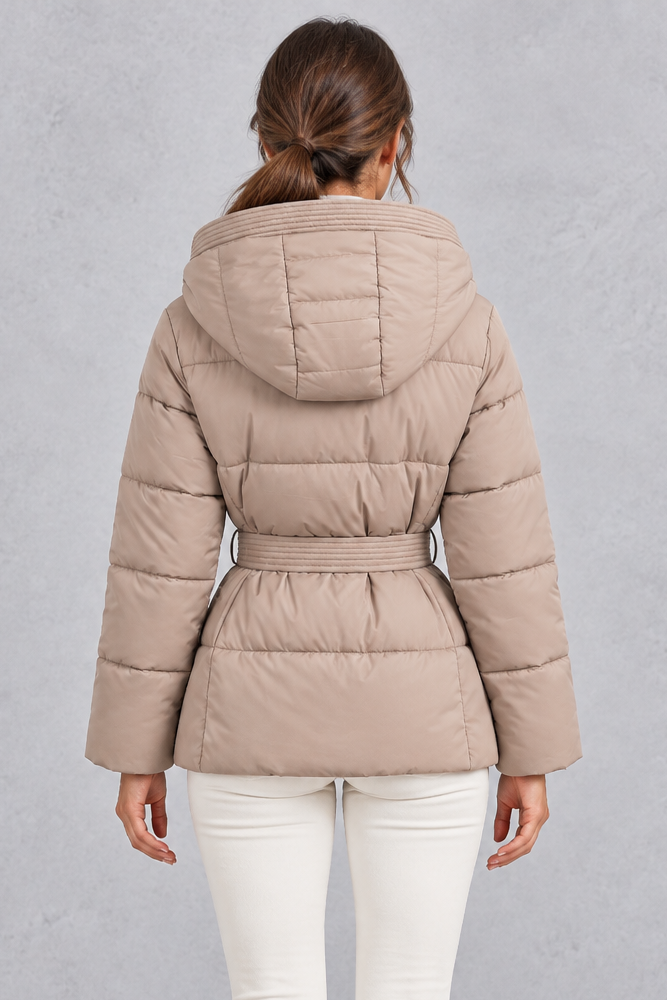 Kacob | Women's Hooded Tie Belt Puffer Jacket – Hip Length Quilted Winter Coat