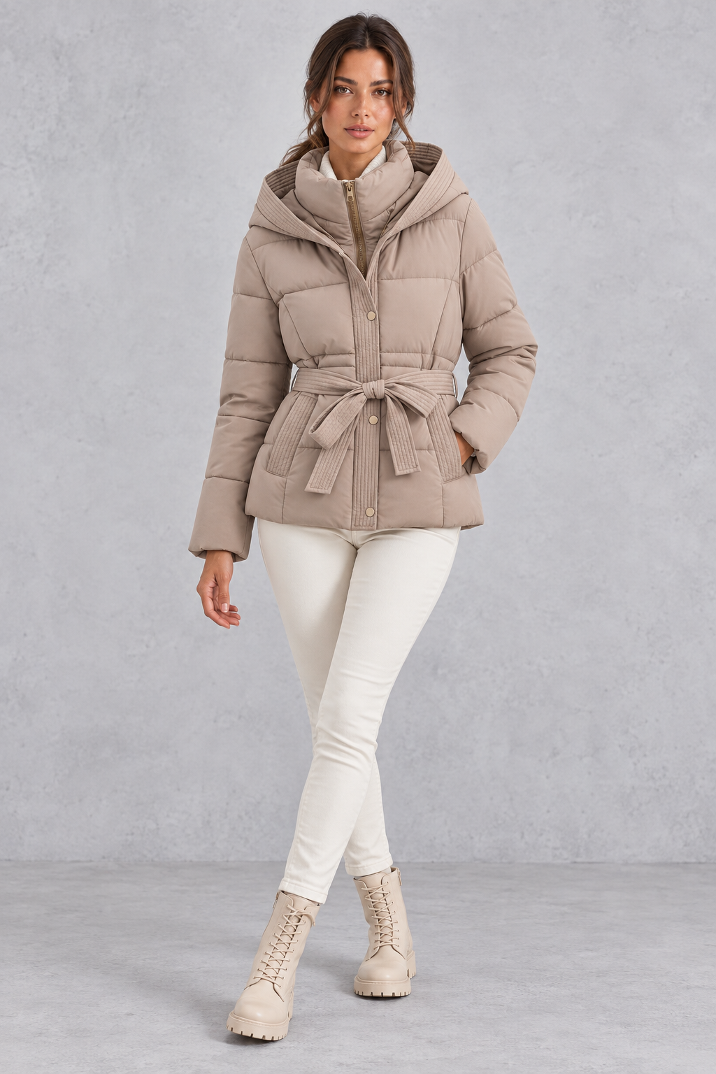 Kacob | Women's Hooded Tie Belt Puffer Jacket – Hip Length Quilted Winter Coat
