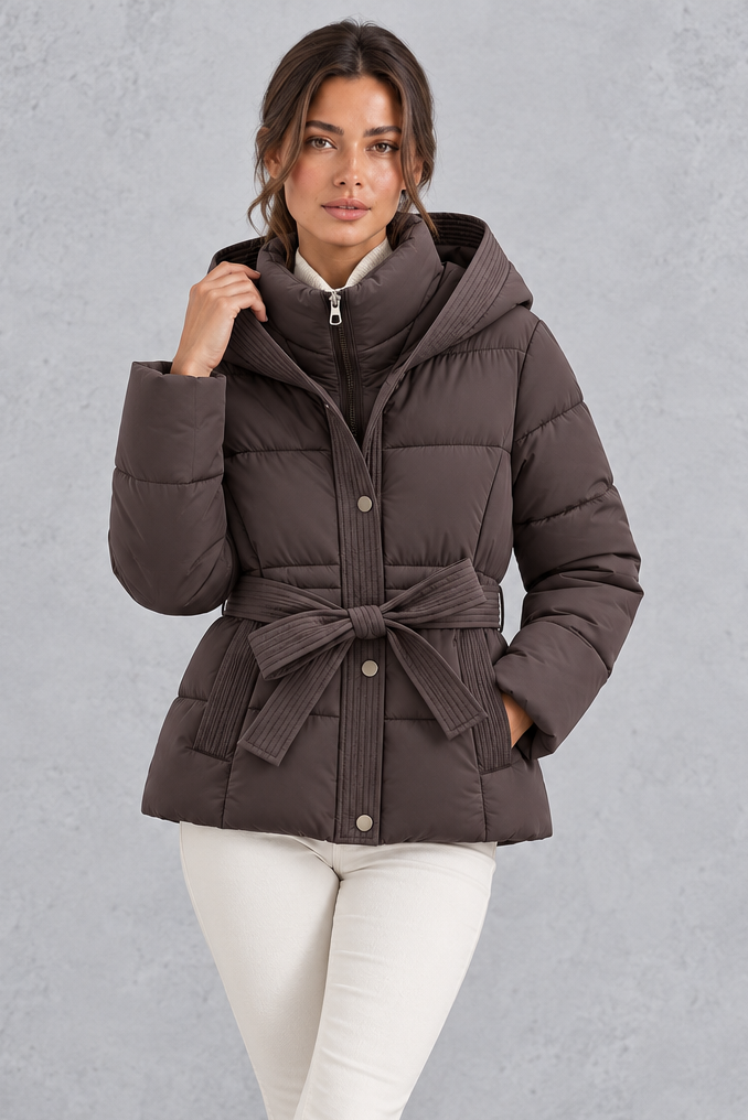 Kacob | Women's Hooded Tie Belt Puffer Jacket – Hip Length Quilted Winter Coat